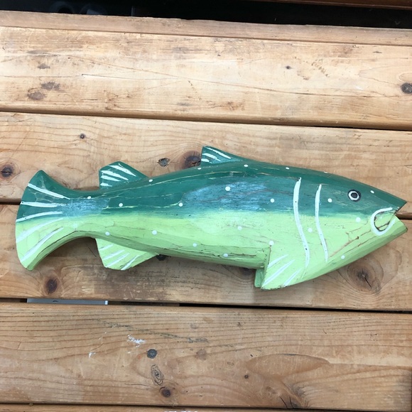 Handcarved Wooden Trout Fish Green Handpainted Cottage Cabin Decor New - Picture 1 of 4